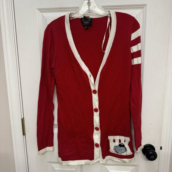 Hello Kitty Forever 21 Women's Red Long Sleeve Cardigan Sweater Small Varsity - Picture 1 of 10